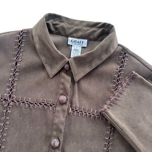 Graff by UM Company Women's M Brown Faux Suede, Crochet Trim Button Shirt Jacket